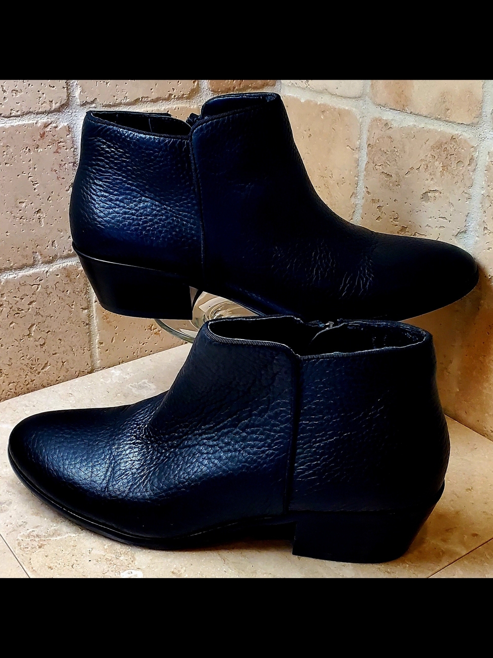 Sam Edelman Petty Black Pebbled Leather Ankle Boots Women 7.5M Low Block Heel